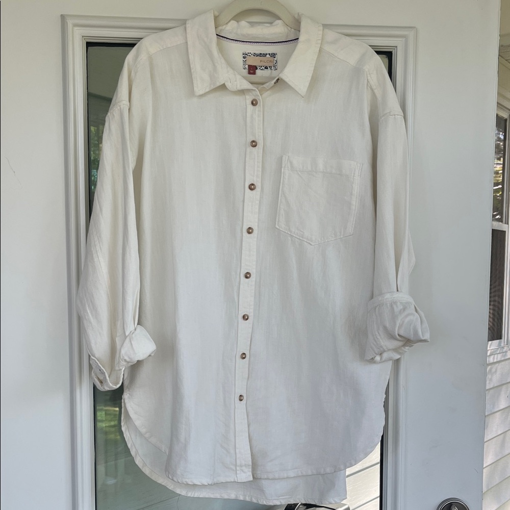 Anthropologie Cream Linen Button-Down Shirt by PILCRO Large. NWOT